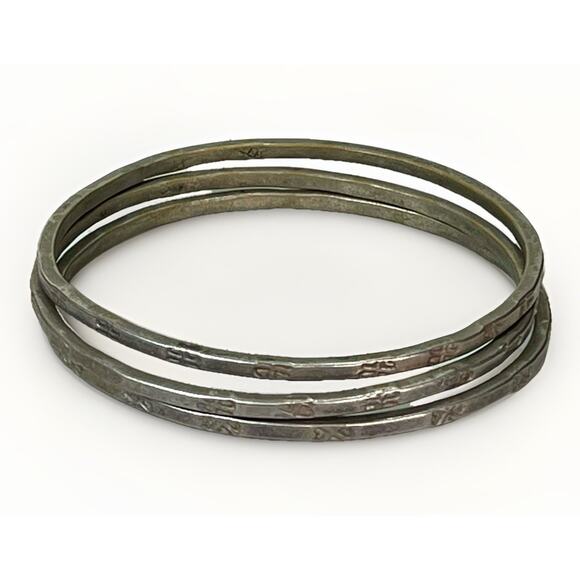 VTG Mexican Etched Metal Bangle Bracelets Trio- Alpaca Silver Ethnic Jewelry - Picture 1 of 10
